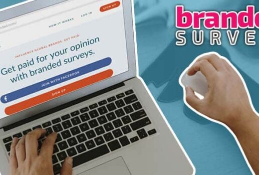 branded surveys website on laptop screen next to branded surveys logo