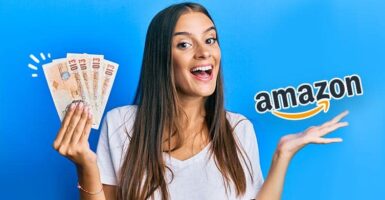 Smiling woman with money and Amazon logo