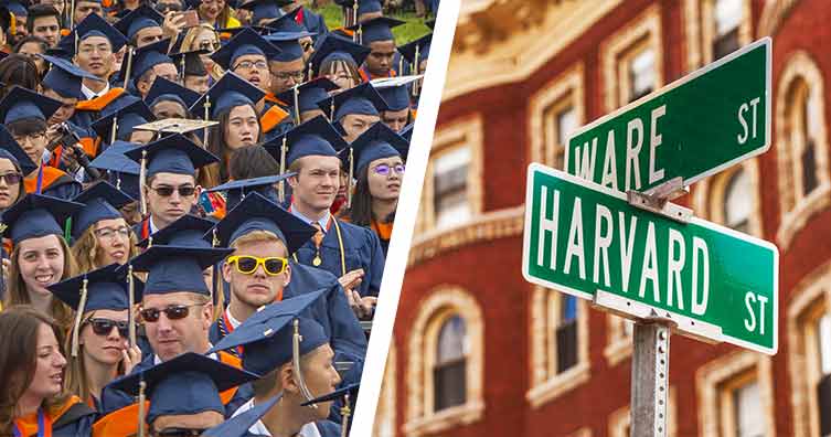 Graduates in america and road sign with harvard