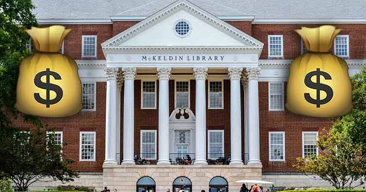 university library with dollar bags