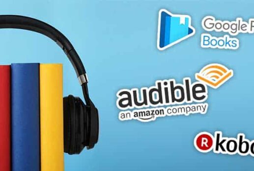 headphones on books next to audiobook logos