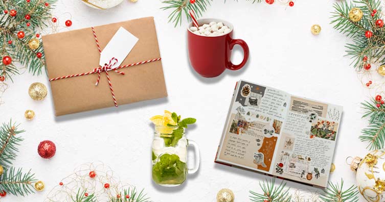 Christmas gift, hot chocolate, cocktail and scrapbook