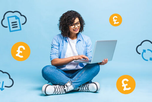 woman using laptop with pound sign and cloud storage signs