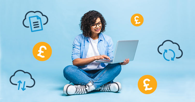 woman using laptop with pound sign and cloud storage signs