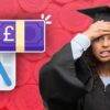 Woman with graduation cap looking concerned with the SLC logo, a downwards pointing graph and a pound note