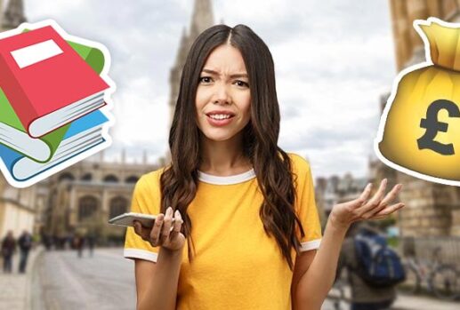 confused woman next to books and money