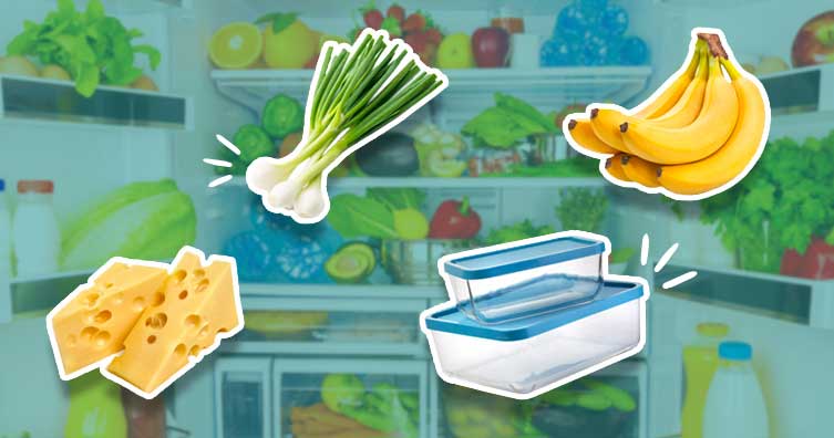 cheese, food containers, spring onion and bananas in front of a fridge