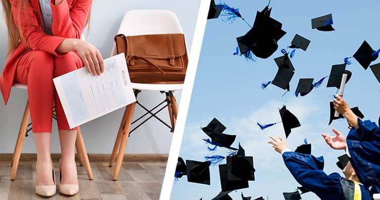 woman waiting for interview and graduate caps being thrown