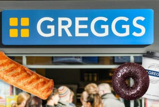 greggs bakery with sausage roll, doughnut and coffee