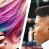 Hairdresser haircut pink blue hair shave trim