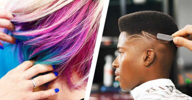 Hairdresser haircut pink blue hair shave trim