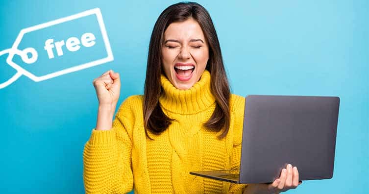 Happy woman on a laptop with a free price tag