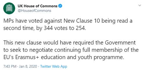 House of Commons tweet Erasmus+