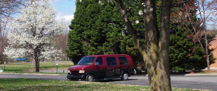 Red van on university campus