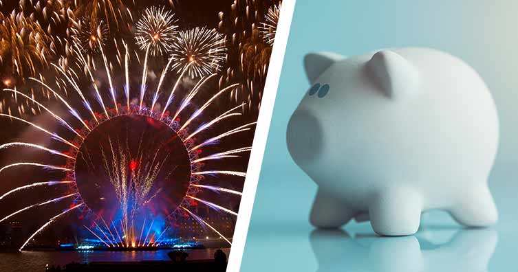 fireworks and a piggy bank