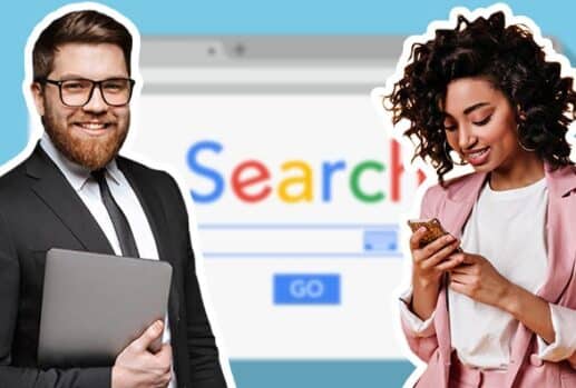 Man and woman in suits with google search