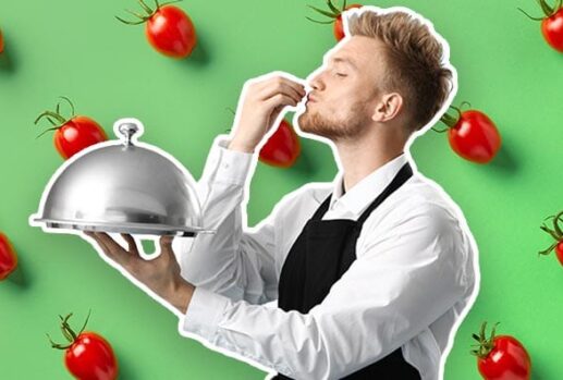 chef with tomatoes in the background