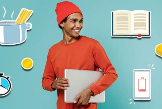 Man with pasta, a coin, a timer, a book, a sponge and a mobile