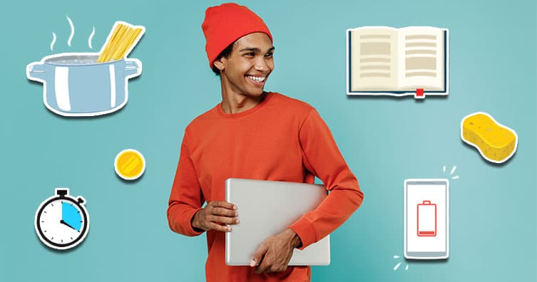 Man with pasta, a coin, a timer, a book, a sponge and a mobile