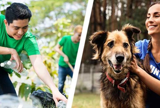 Man picking litter and volunteer with dog