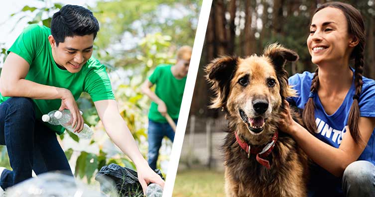 Man picking litter and volunteer with dog