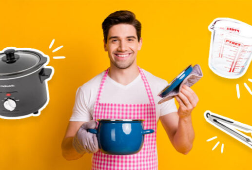 man cooking with slow cooker, jug and tongs