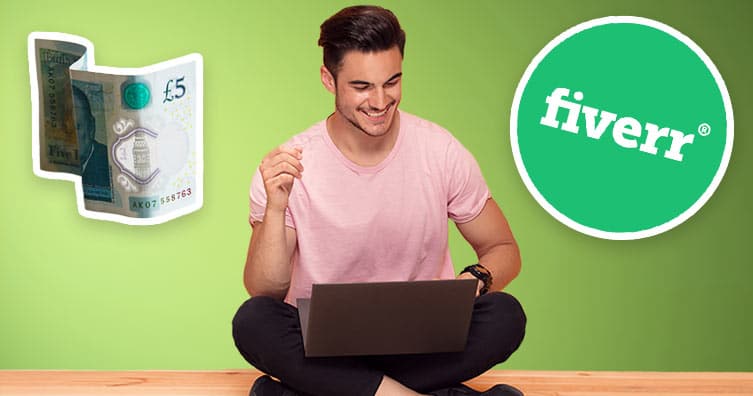 man on laptop with 5 pound note and Fiverr logo