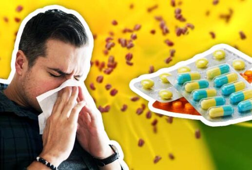 sneezing man hayfever pills