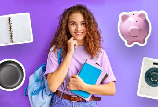 student with notebook, frying pan, piggy bank and washing machine