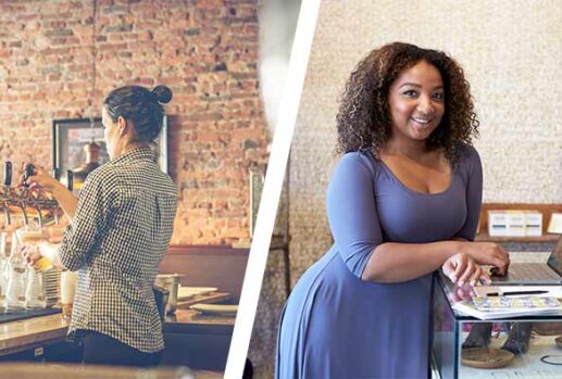 barista and woman stood next to laptop