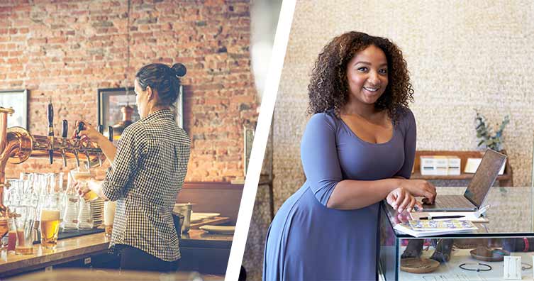 barista and woman stood next to laptop