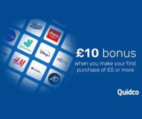 blue background with brand logos in centre promoting quidco ten pound offer