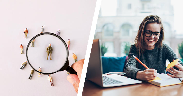 magnifying glass and student at laptop