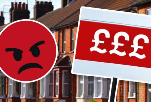 Money symbols on sign outside terraced houses