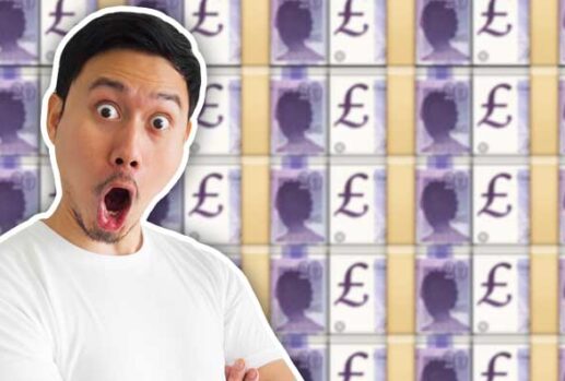 shocked man in front of money