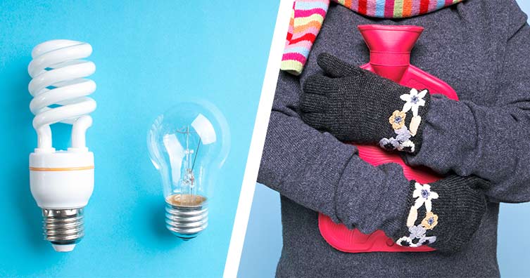 lightbulb and person hugging hot water bottle