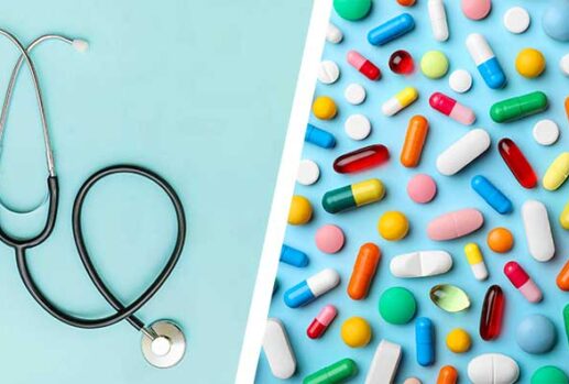 stethoscope and colourful pills