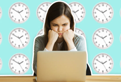 Stressed unhappy angry girl laptop clocks wall time desk