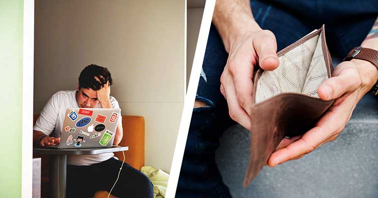 man behind laptop and hands holding an empty wallet