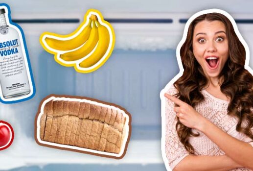 vodka bananas tomato bread and woman in freezer