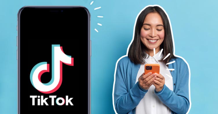 woman holding a phone and phone with tiktok logo