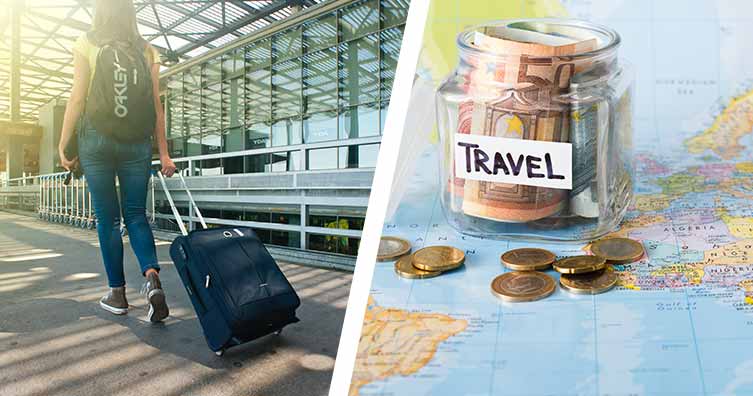 woman with suitcase at airport next to travel money