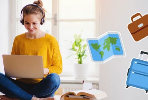 woman with laptop, map, suitcase and briefcase