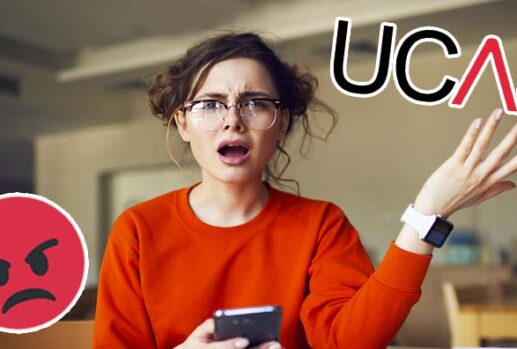 Confused woman with ucas logo