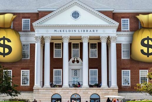 university library with dollar bags