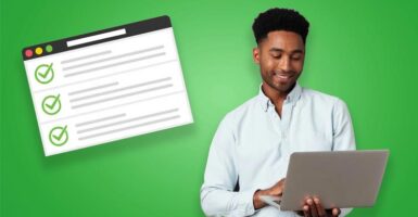 man with laptop and checklist on website