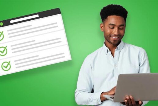 man with laptop and checklist on website