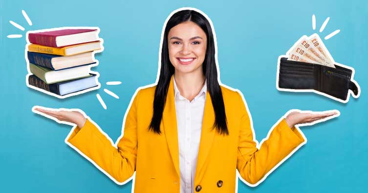 woman holding stacked books and wallet with money