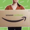 woman holding cardboard box with amazon logo on green background sprinkles