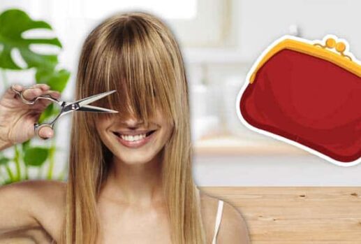 woman cutting her hair in bathroom next to purse